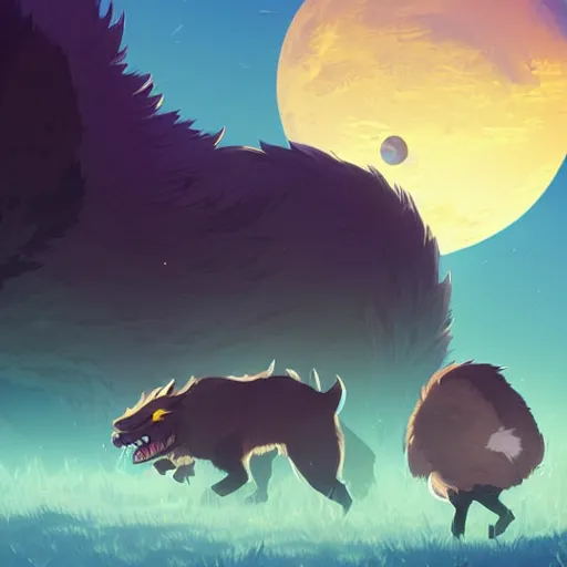 Prompt: giant monstrous aggressive furry creature lurking over a cowering smaller creature, in the foreground a small town, epic science fiction art, clean cel shaded vector art. shutterstock. behance hd by lois van baarle, artgerm, helen huang, by makoto shinkai and ilya kuvshinov, rossdraws, illustration