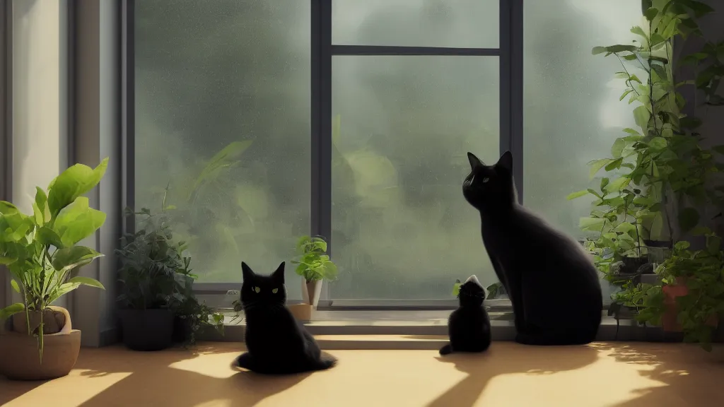 Image similar to peaceful dreamy painting of a content black cat sitting by a window and looking outside, sunshine coming through the window, small plants on the window sill, 8k, hyper realism, trending on artstation, octane render, digital art