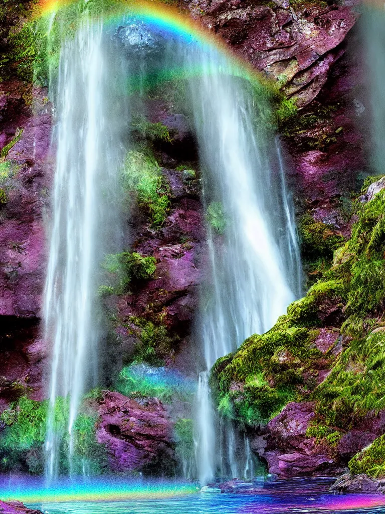 Image similar to digital illustration of waterfall cascading onto rocks, small rainbow emerging in background, ethereal, beautiful scenery, intricately meticulously detailed, amazing, glitter, 8 k render octane high definition