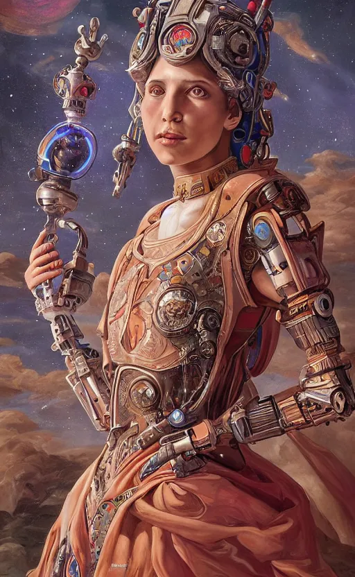 Image similar to mural of a young cyborg woman, beautiful royal gown, sci fi weapon, royal ornaments, reaching towards the heavens, sci fi world, holy imagery, highly detailed, beautiful colors, renaissance mural, mural in the style of sandro boticceli, sandro boticceli