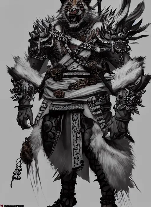 Image similar to Full body portrait of a scarred gnoll with white fur in ornate ninja garb. In style of Yoji Shinkawa and Hyung-tae Kim, trending on ArtStation, dark fantasy, great composition, concept art, highly detailed, dynamic pose.