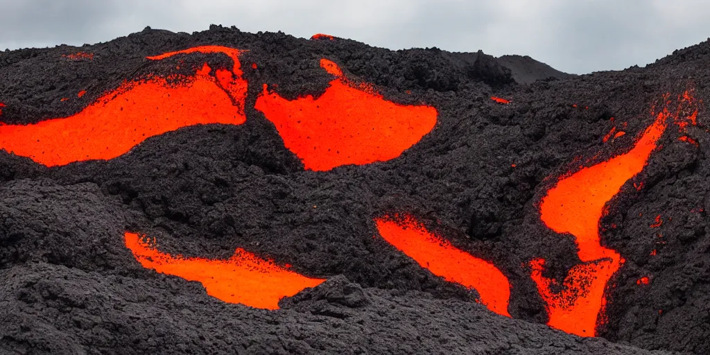 Image similar to old black volcanic lava meets the new bright orange lava on the edge, aereal photo