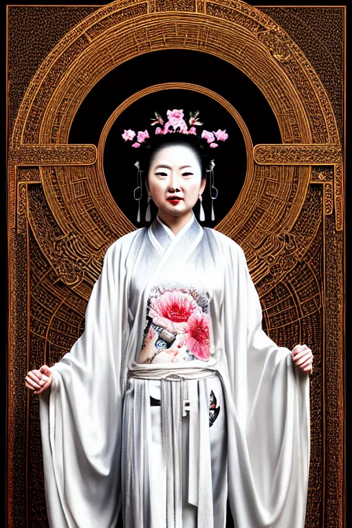 Prompt: full body portrait of guanyin in intricate milky reflective silk hanfu, symmetrical design, yan liben, craig mullins, hr giger, sadan vague, artstation, baroque, highly detailed, 4 k post - processing, 8 k resolution