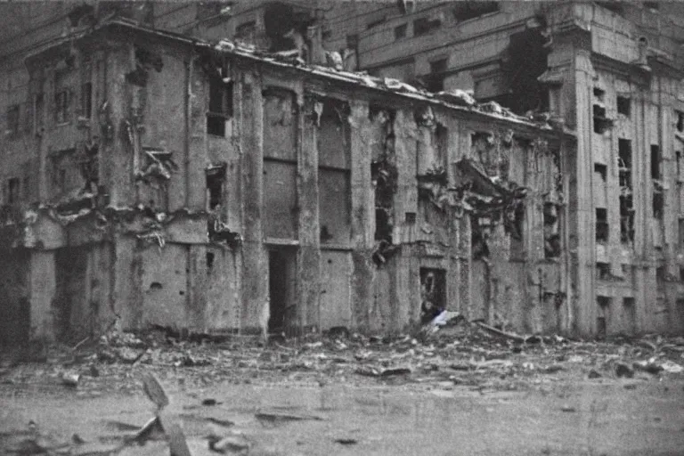 Prompt: flash photograph of soviet destroyed military building, ground zero, Radioactive Contamination, detail, 1985, creepy, dark, haunted, heavy rain, vintage photo