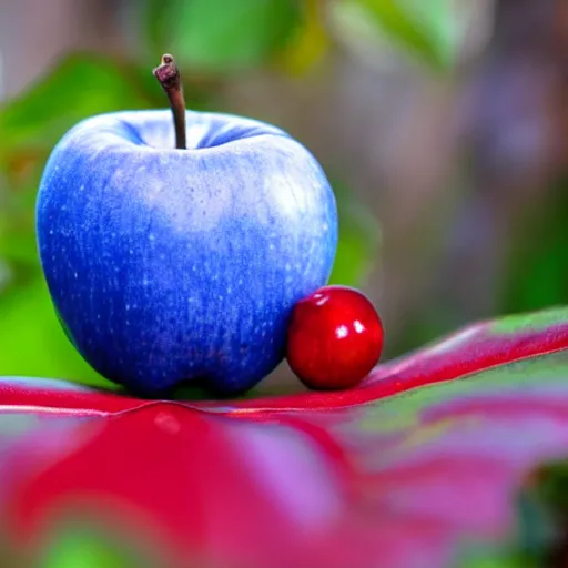 Prompt: a blue apple, next to two red leaves