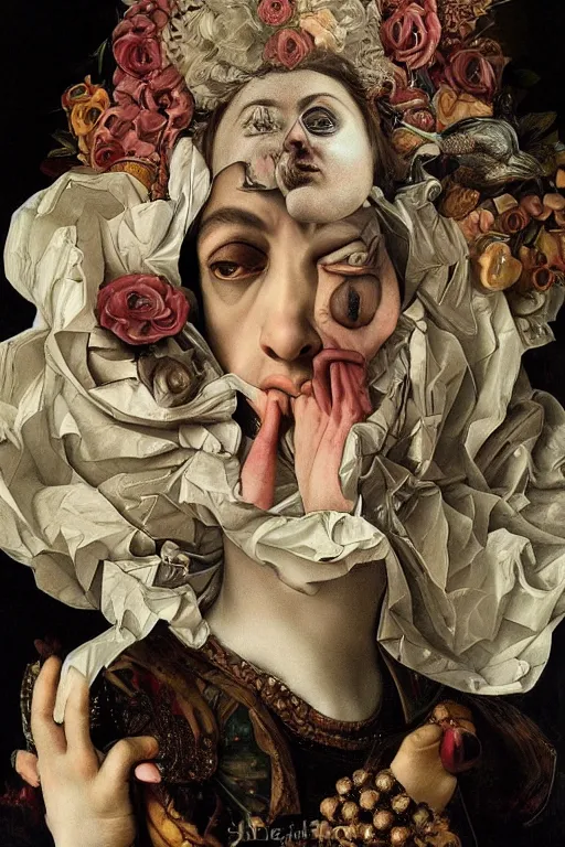 Prompt: Detailed maximalist portrait with large lips and with large, wide eyes, sad expression, extra hands, HD mixed media, 3D collage, highly detailed and intricate, surreal, illustration in the style of Caravaggio, dark art, baroque