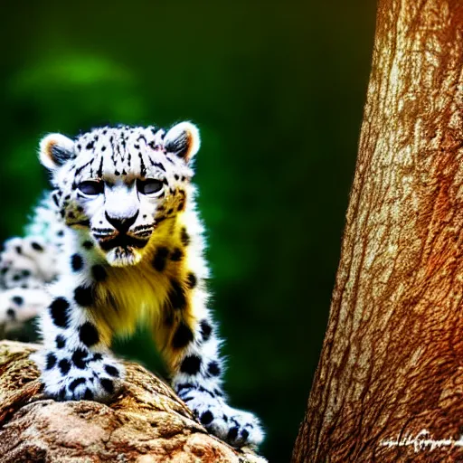 Prompt: very very very very very cute chibi snow leopard, portrait, pixar style, forest background, cinematic lighting, award winning creature portrait photography