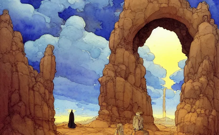 Prompt: a hyperrealist watercolour concept art of a large rock arch dimensional portal in the sky. a medieval monk in grey robes is kneeling in prayer below it on a desert road. by rebecca guay, michael kaluta, charles vess and jean moebius giraud. high detail, hq, wide shot