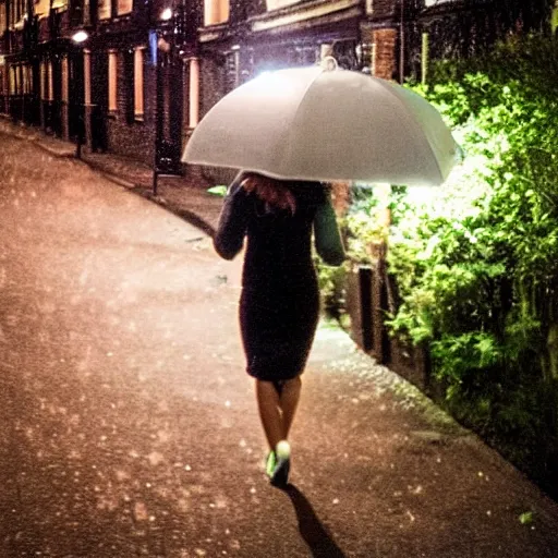 Prompt: woman walking through north london. thunderstorm. night. surreal