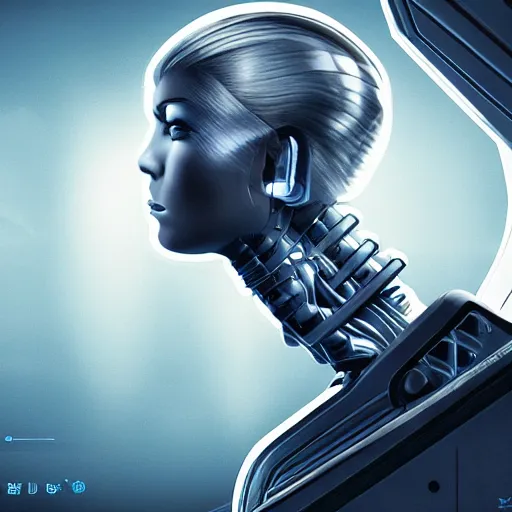 Image similar to panorama of a very pretty blond borg queen on a borg ship, cybernetic implants, perfect face, symmetrical face, moody lighting, shallow depth of field, artstation concept,