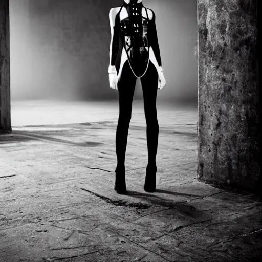 Image similar to fashion photography of an extraterrestrial model, holding a leather whip, wearing demobaza fashion, inside berghain, berlin fashion, harness, futuristic fashion, dark minimal outfit, photo 3 5 mm leica, hyperdetail, berghain, 8 k, very detailed, photo by nick knight