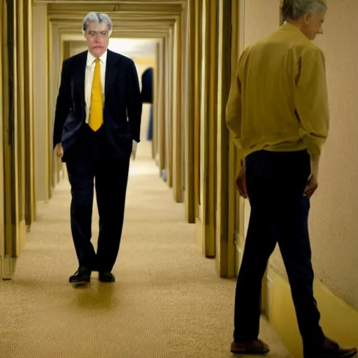 Image similar to Jerome Powell lost in the backrooms, old moist carpet, mono-yellow, fluorescent lights, randomly segmented rooms, eerie