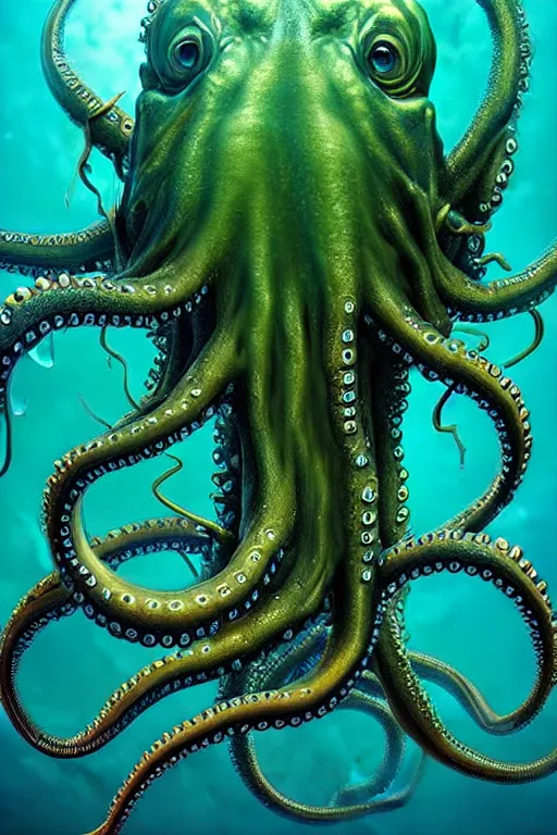 Image similar to hyperrealistic close-up surrealism underwater octopus chimera monster!!! highly detailed concept art eric zener elson peter cinematic hard green lighting high angle hd 8k sharp shallow depth of field, inspired by David Paul Cronenberg and Zdzisław Beksiński