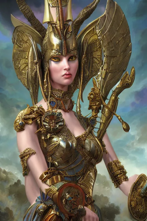 Image similar to Mystical Valkyrie, Portrait of a beautiful female Atlantean Anubis Alien Warrior, Realistic, Regal, Refined, Detailed Digital Art, François Boucher, Oil Painting, Michael Cheval, Steampunk, Walt Disney (1937), Highly Detailed, Cinematic Lighting, Unreal Engine, 8k, HD