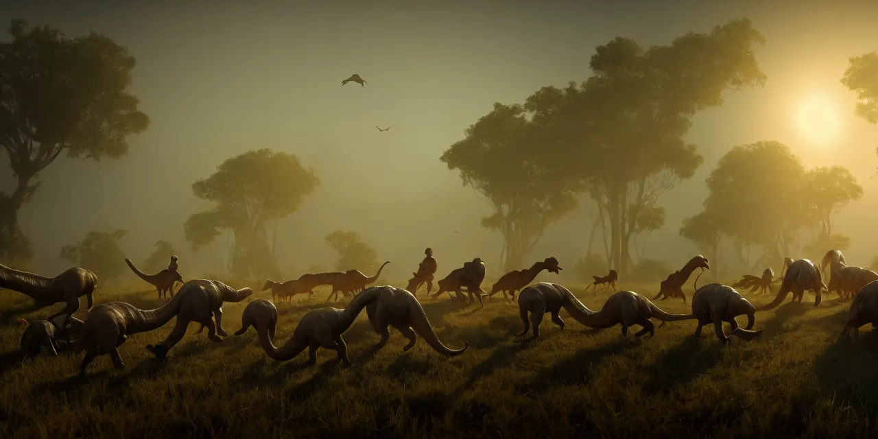 Image similar to old man herding a herd of small dinosaurs in an alternate prehistoric past, steam punk, very high details, volumetric fog, raytracing, back light, raymarching, by ilm, by digital domain, by weta digital