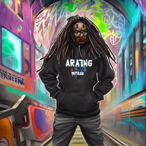 Image similar to a man with dreads and a hoodie freestyle rapping on a crowded subway covered in graffiti, trending on artstation, digital art