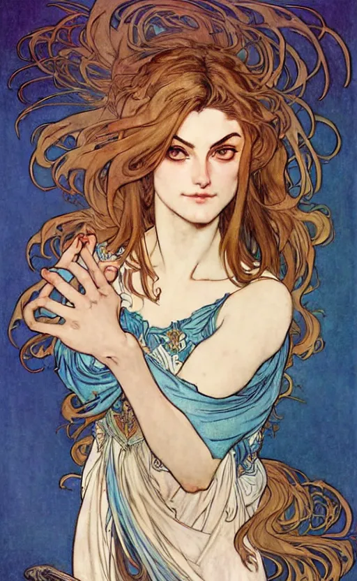 Prompt: in the style of artgerm, arthur rackham, alphonse mucha, phoebe tonkin, symmetrical eyes, symmetrical face, flowing blue skirt, hair blowing, full body, five finger hands, intricate filagree, warm colors, cool offset colors