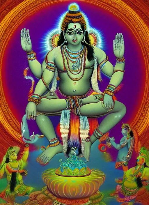 Image similar to digital visionary painting, hindu art, masterpiece, lord shiva creates the world with his primordial om, realistic, highly detailed, post produced