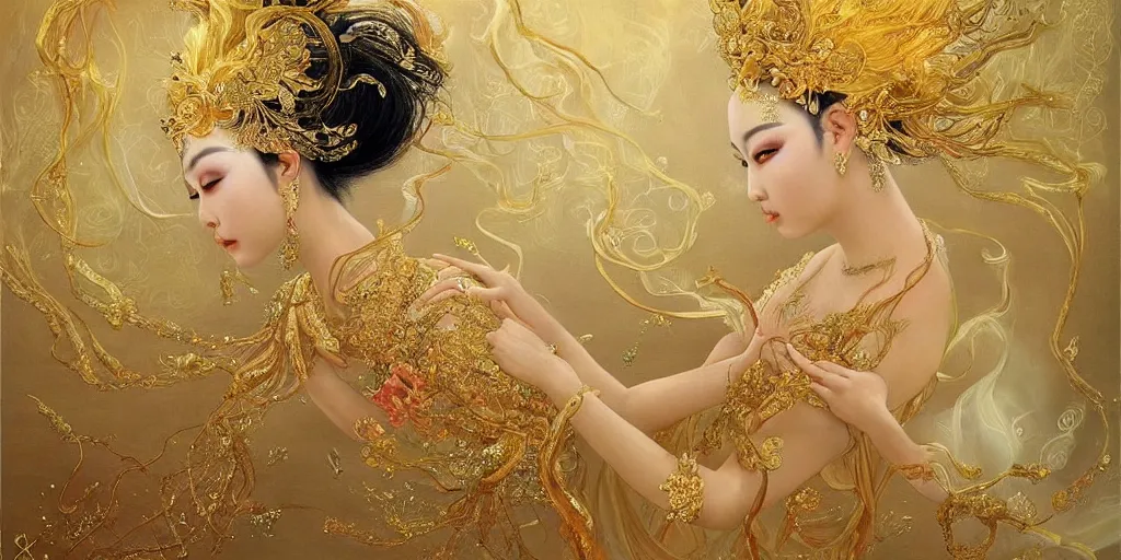 Prompt: asian nymph bald goddess, flowing golden silk twisting with whiten tattoos of cursive sigils on her opalescent skin, fantasy, intricate, very beautiful, elegant, golden light, highly detailed, oil painting by mai xuan thu