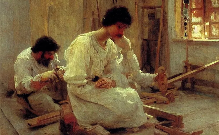 Image similar to high quality high detail painting by ilya repin, carpenter working, hd