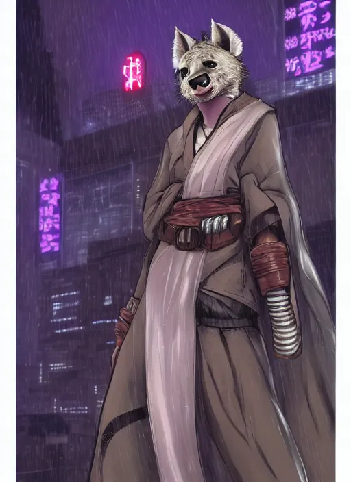 Prompt: character portrait of a female anthro hyena fursona with a cute beautiful attractive face and long black curly hair wearing jedi robes in a cyberpunk city at night while it rains. hidari, color page, tankoban, 4K, tone mapping, Akihiko Yoshida.