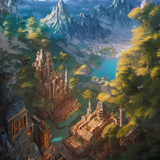 Prompt: a birds eye view overlooking an ancient fantasy city surrounded by mountains and trees of greens and browns, rivers and lakes((but the cities been corrupted by a dark evil)) by Jordan Grimmer, Asher Brown Durand and Ryan Dening, 8k, artstation, beautiful color pallette