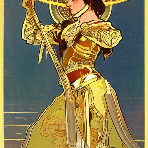 Image similar to woman in golden plate armour, fighting stance, painted by alphonse mucha