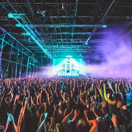 Image similar to rave at area 5 1. the main stage is located in a large aircraft hanger. shot on a sony a 7