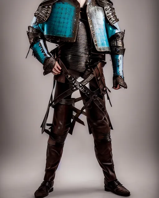 Image similar to an award - winning photo of a male model wearing a baggy teal distressed medieval menswear leather jacket slightly inspired by medieval armour designed by alexander mcqueen, 4 k, studio lighting, wide angle lens