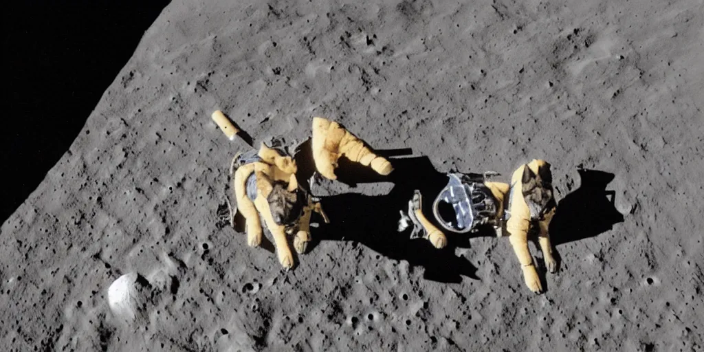 Image similar to high resolution photograph of a german shepherd on the moon surface, wearing a space suit, very detailed, realistic, shot on digital camera