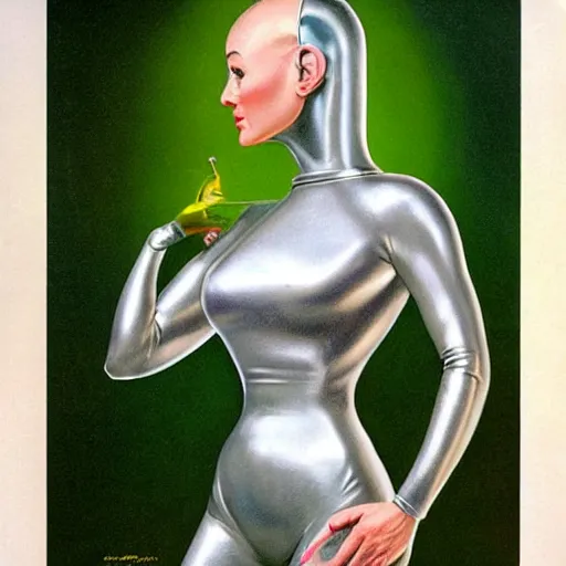 Image similar to beautiful grey alien extraterrestrial species female babe in a tight fitting silver metallic bikini spacesuit, , big pear-shaped head, green skinned, big black almond shaped alien eyes by Mort Kunstler and Gil Elvgren