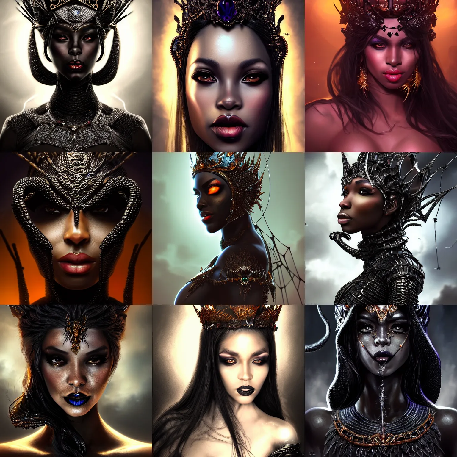 Prompt: the black-spider queen, beautiful woman, fantasy art, hyper-realistic, beautiful face, attractive body, queen crown, full body, intricate, realistic, cinematic lighting, volumetric lighting, trending on artstation, artstationHD, 8k, highly detailed