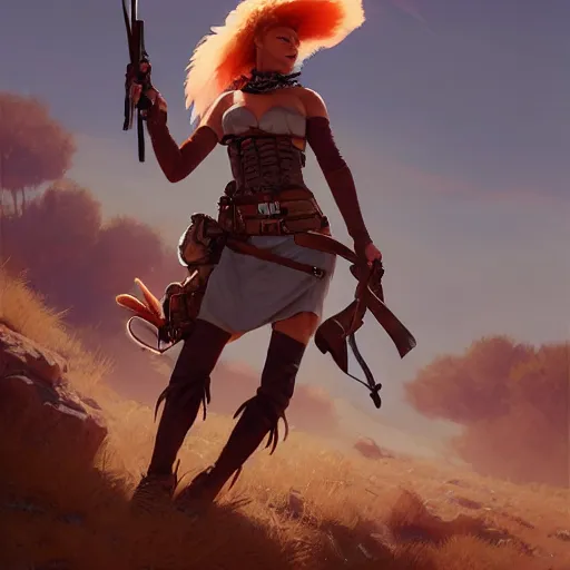 Prompt: splash art of cute feminine anthropomorphic vulpes vulpes fulva bounty huntress in the wild west, rugged clothes, motion blur, firefight, high energy action, dust, blurry : by weta, greg rutkowski, wlop, ilya kuvshinov, rossdraws, artgerm, octane render, liosh, mucha