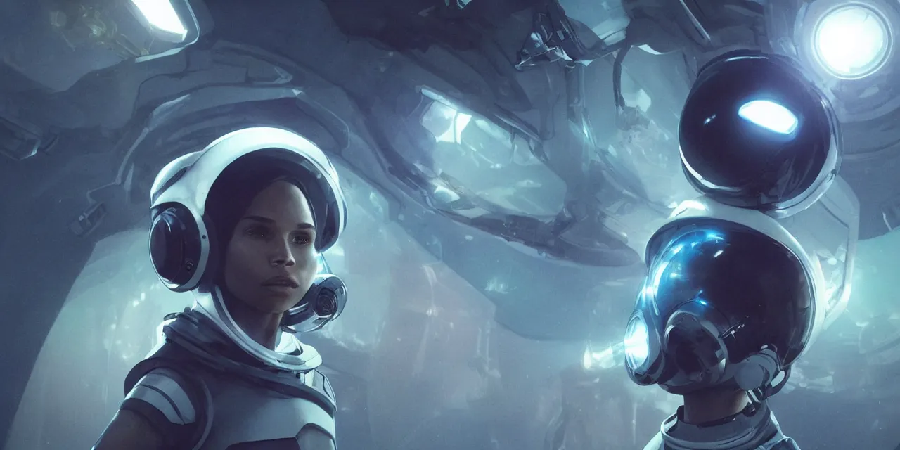 Image similar to Zoe Kravitz with short hair as a futuristic astronaut, helmet with led lights, underwater in the ocean at night, dark water, volumetric lighting, glowing lights, 4k, octane, digital painting, artstation, concept art, sharp focus, illustration, cinematic film still, art by artgerm and greg rutkowski and alphonse mucha , wide angle view,