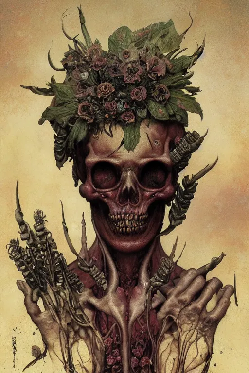 Prompt: portrait of skullcandy, cayenne flowers and knives in the style of wayne barlowe, gustav moreau, goward, bussiere, roberto ferri, santiago caruso, luis ricardo falero, austin osman spare