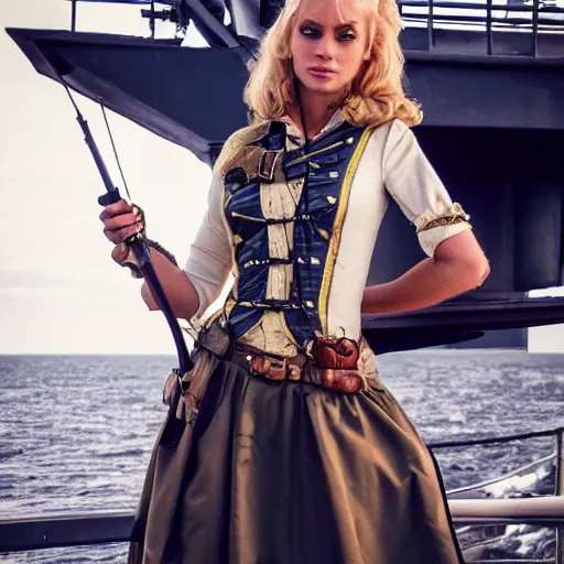 Prompt: a fierce, beautiful, friendly, calm, blonde, well - dressed, steampunk, covered, armed, pirate woman, standing on the deck of her ship gazing at the horizon through a spyglass ready for battle in 1 7 3 0, realistic, hd, trending on artstation