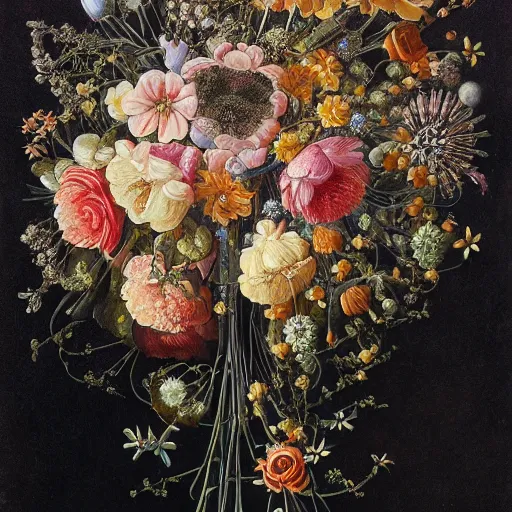 Prompt: a painting of a bouquet of flowers on a black background, a detailed painting by Earnst Haeckel, behance contest winner, fantasy art, made of crystals, detailed painting, digital illustration