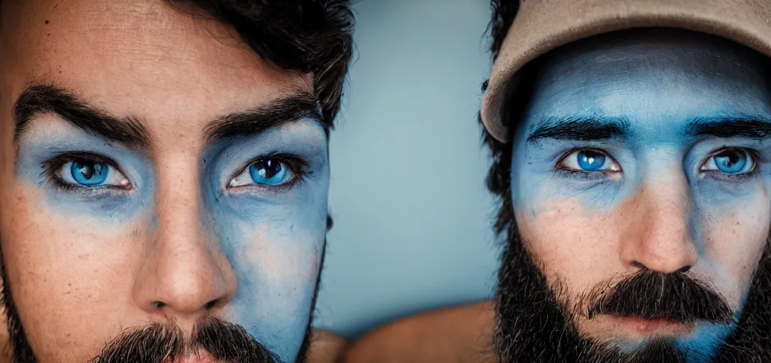 Image similar to fish eye lens close up photograph of a man with blue skin and a goatee side eyeing the camera with a sympathetic look