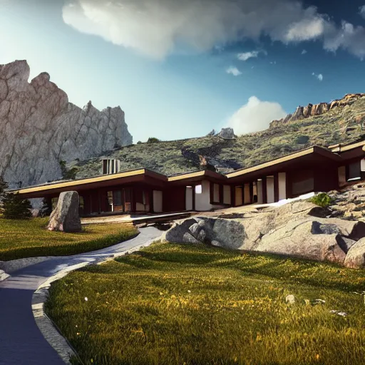 Prompt: alpine landscape with windy road and modern houses designed by frank lloyd wright scattered on the mountainsides, photo realism, dramatic lighting, high quality digital art, unreal engine, cinematic