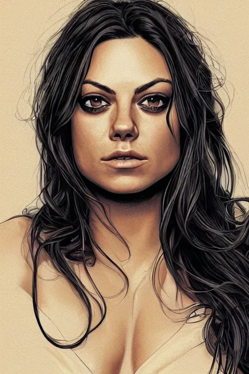 Prompt: a portrait of sexy mila kunis with long hair, drawn by robbie trevino and dan mumford, poster, digital art, comic art, concept art,, single head, no double head,