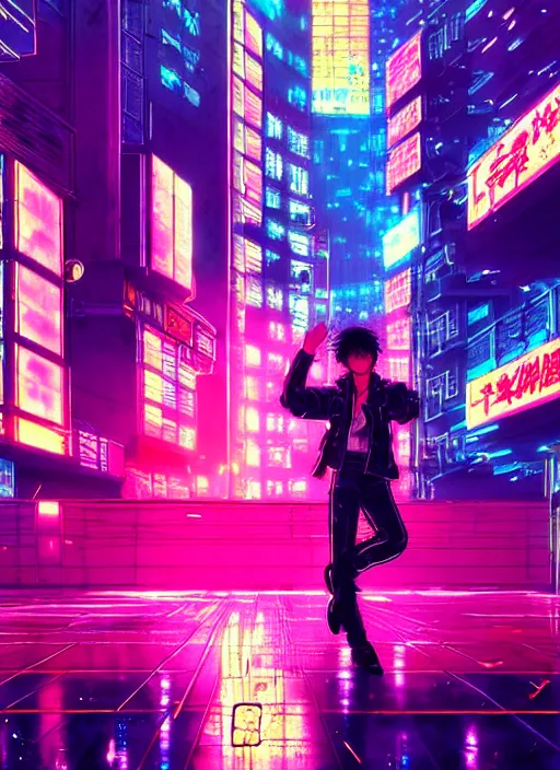 Image similar to city pop idol dancing in the apocalypse cyberpunk, accurate features, very intricate ultrafine details, masterpiece, realistic shaded lighting, detailed backgrounds, epic composition, soft neon lights, rain, in style of yoji shinkawa, pan ren wei, col price, atey ghailan, grunge aesthetic