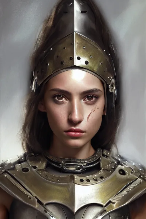 Image similar to a photorealistically painted portrait of an attractive young girl, partially clothed in metal-plated battle armor, with an abstractly painted background, flawless olive skin, fair complexion, long dark hair, beautiful bone structure, perfectly symmetric facial features, perfect photorealistic eyes, natural physique, intricate, elegant, digital painting, concept art, finely detailed, beautifully illustrated, sharp focus, minimal artifacts, volumetric lighting, from DOOM and Halo, by Ruan Jia and Mandy Jurgens and Artgerm and William-Adolphe Bouguerea, in the style of Greg Rutkowski, trending on Artstation, award winning art