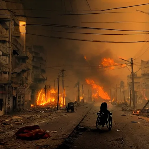 Image similar to a Film still of Karachi streets abandoned, on fire, dramatic, 4k, in the new Christopher Nolan movie