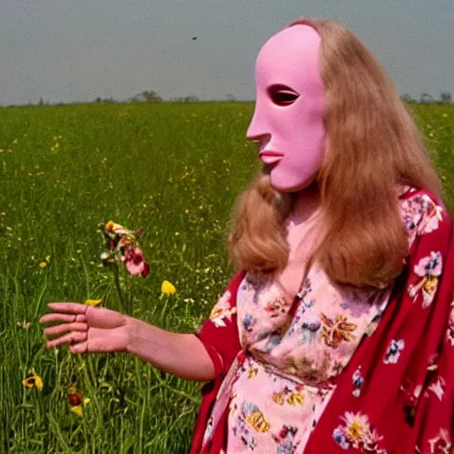 Image similar to 1970 hippie woman on tv show with a long prosthetic nose, wearing a floral robe in a meadow 1970 color archival footage color film 16mm holding a hand puppet Fellini Almodovar John Waters Russ Meyer Doris Wishman