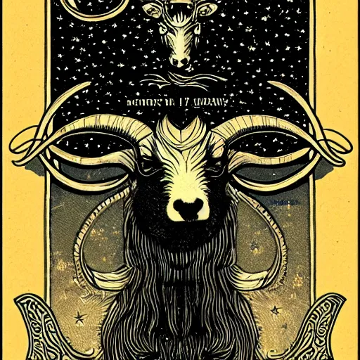 Prompt: detailed tarot card of a space goat, 1900s style, intricate, Artstation