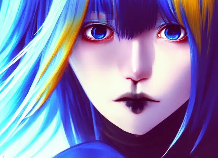 Image similar to full face shot of rimuru tempest, sky blue straight hair, long bangs, with amber eyes, wearing a black jacket, high collar, ultra detailed, concept art, award winning photography, digital painting, cinematic, wlop artstation, closeup, pixiv, evil, yoshitaka amano, andy warhol, ilya kuvshinov,