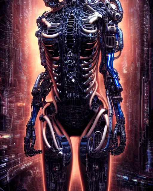 Image similar to portrait photo of an aesthetic biomechanical cyborg plugged into a quantum computer with cables and wires and optic fibers. cyberpunk horror style. art by luis royo. highly detailed 8 k. intricate. nikon d 8 5 0 5 5 mm. award winning photography.