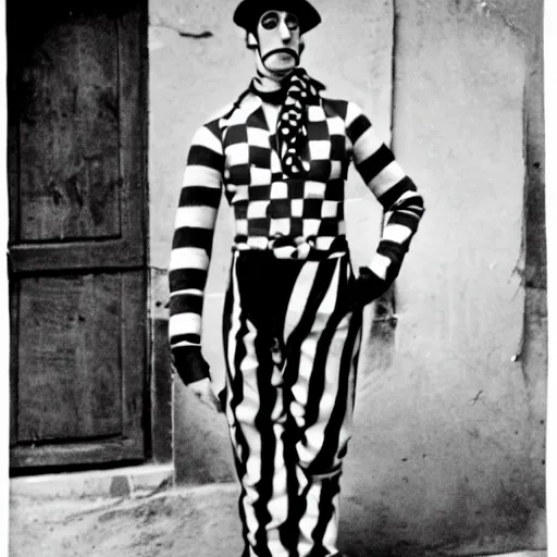 Prompt: a photo of a harlequin mime in madrid in the spanish civil war