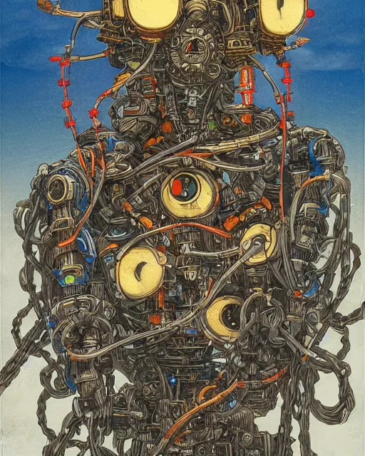 Image similar to Kuniyoshi portrait of a robot saint made of cables and robotic pod in the style of peter mohrbacher