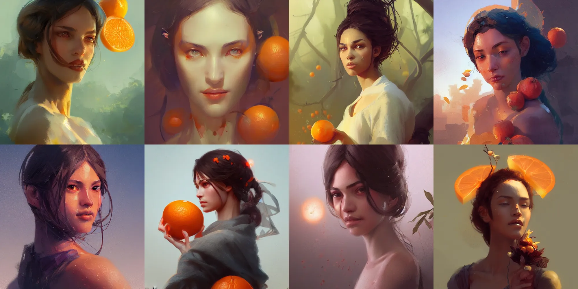 Prompt: portrait of beautiful women in the fruit of the oranges, digital art, concept art, illustration, character by greg rutkowski, trending on artstation